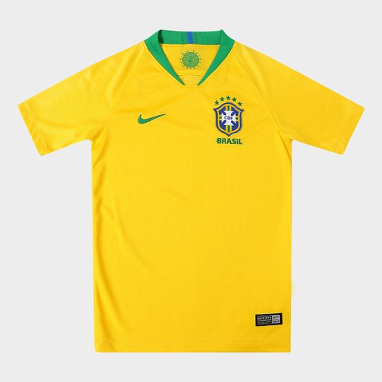 Camisa Seleção Brasil Juvenil I 2018 s/n° - Torcedor Nike - Amarelo e Verde Menor preço em Camisa Seleção Brasil Juvenil I 2018 s/n° - Torcedor Nike - Amarelo e Verde