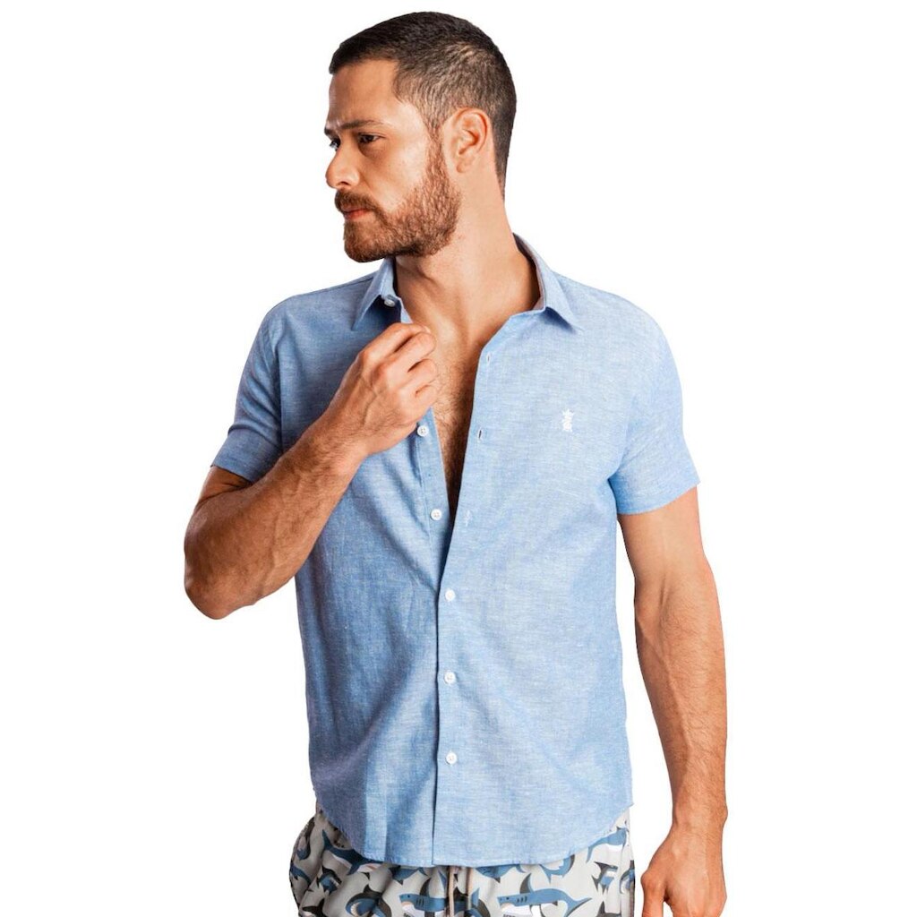 Camisa Sergio K Masculina Manga Curta Regular Linho Casual Azul Mescla