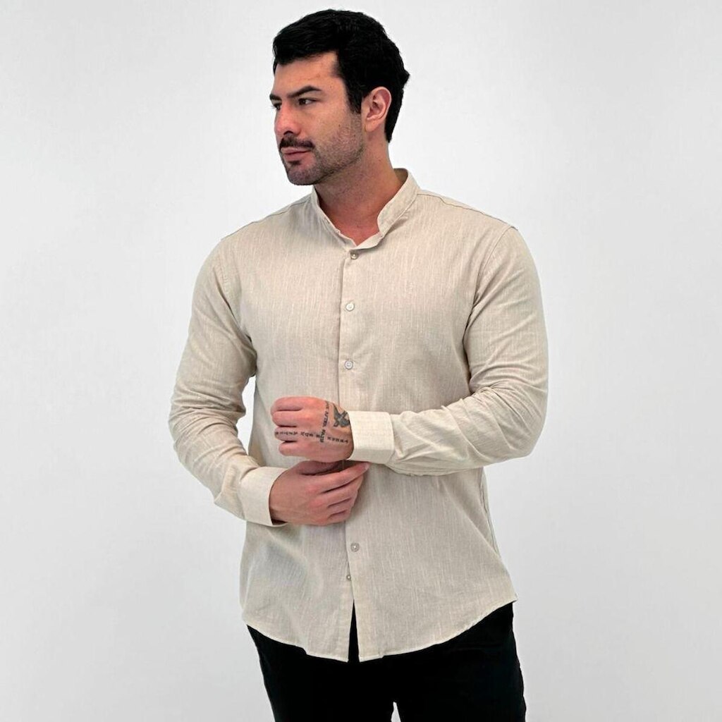 Camisa Sibra Manga Longa Slim Gola Mandarim Masculina