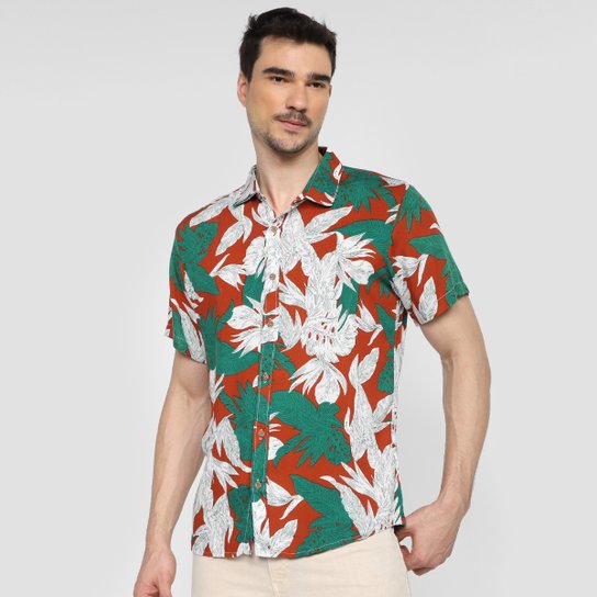 Camisa Social Black River Floral Masculina - Laranja Menor preço em Camisa Social Black River Floral Masculina - Laranja