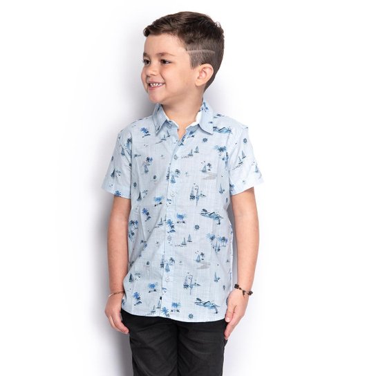 Camisa Social Infantil Menino Manga Curta Estampada Casual - Azul Claro Menor preço em Camisa Social Infantil Menino Manga Curta Estampada Casual - Azul Claro