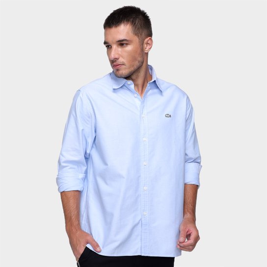 Camisa Social Lacoste Manga Longa Masculina - Azul+Branco Menor preço em Camisa Social Lacoste Manga Longa Masculina - Azul+Branco