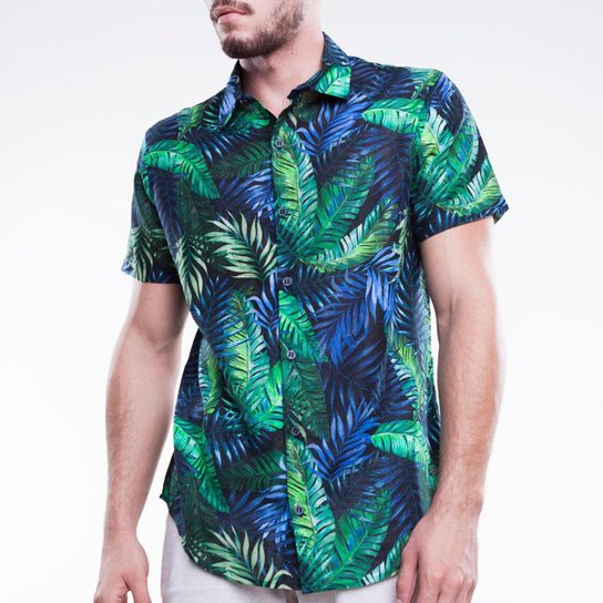 Camisa Social Manga Curta First Mormaii Masculina Verde E Azul