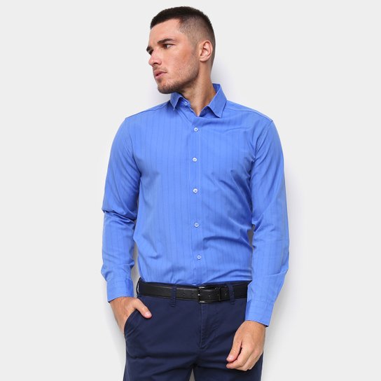 Camisa Social Manga Longa Milano Lisa Masculina - Azul+Preto Menor preço em Camisa Social Manga Longa Milano Lisa Masculina - Azul+Preto