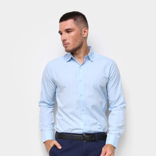 Camisa Social Manga Longa Milano Listrada Masculina - Azul+Preto Menor preço em Camisa Social Manga Longa Milano Listrada Masculina - Azul+Preto