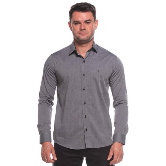 Camisa Social Manga Longa Slim Masculino Algodão Clássica - Cinza Menor preço em Camisa Social Manga Longa Slim Masculino Algodão Clássica - Cinza