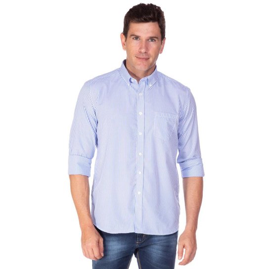 Camisa Social Masculina Azul Listrada - 4 - Azul Menor preço em Camisa Social Masculina Azul Listrada - 4 - Azul