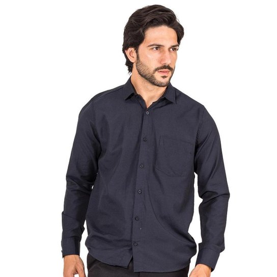 Camisa Social Masculina Com Bolso Manga Longa Tricoline Lisa - Chumbo Menor preço em Camisa Social Masculina Com Bolso Manga Longa Tricoline Lisa - Chumbo