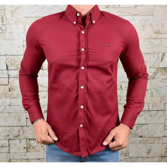 Camisa Social Masculina Manga Longa Regular Fit 100% Algodão TH - - Vinho Menor preço em Camisa Social Masculina Manga Longa Regular Fit 100% Algodão TH - - Vinho