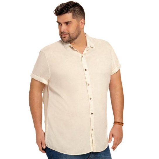 Camisa Social Masculina Plus Size Manga Curta Botões Macia - Off White Menor preço em Camisa Social Masculina Plus Size Manga Curta Botões Macia - Off White