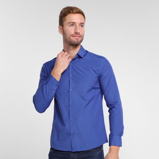 Camisa Social Milano Manga Longa Tricoline Lisa Masculina - Azul Escuro Menor preço em Camisa Social Milano Manga Longa Tricoline Lisa Masculina - Azul Escuro