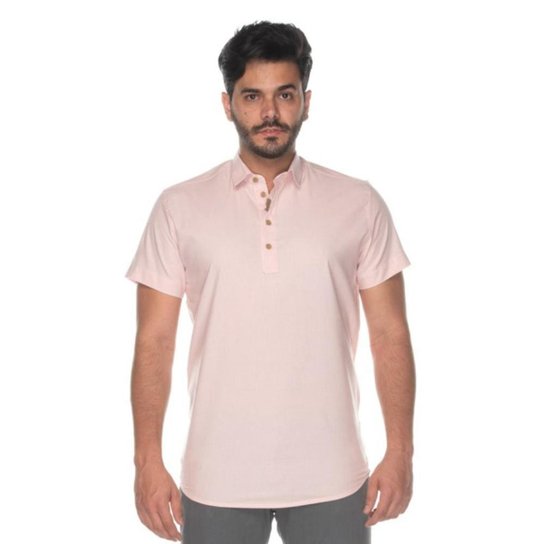 Camisa Social Teodoro MC Slim Fit Masculina Algodão Casual - Rosa Menor preço em Camisa Social Teodoro MC Slim Fit Masculina Algodão Casual - Rosa