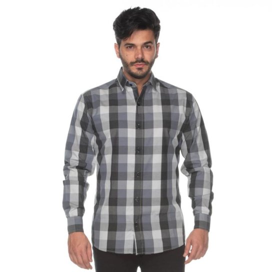 Camisa Social Teodoro ML Slim Fit Masculina Xadrez Casual - Cinza Menor preço em Camisa Social Teodoro ML Slim Fit Masculina Xadrez Casual - Cinza