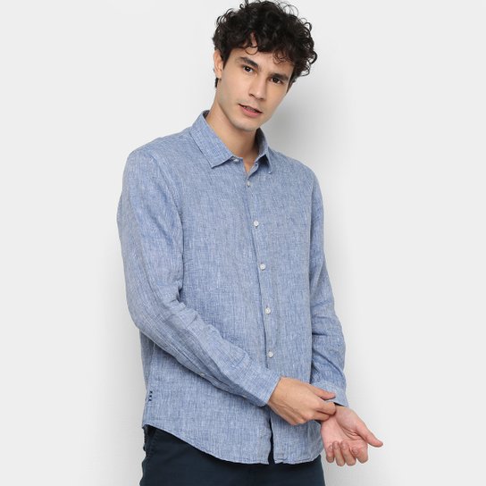Camisa Social Vr Manga Longa Linho Lisa Masculina Azul Netshoes
