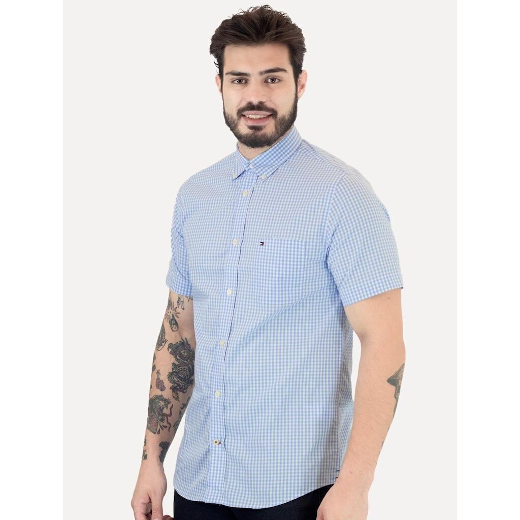 Camisa Tommy Hilfiger Masculina Manga Curta Pocket Gingham Azul Claro