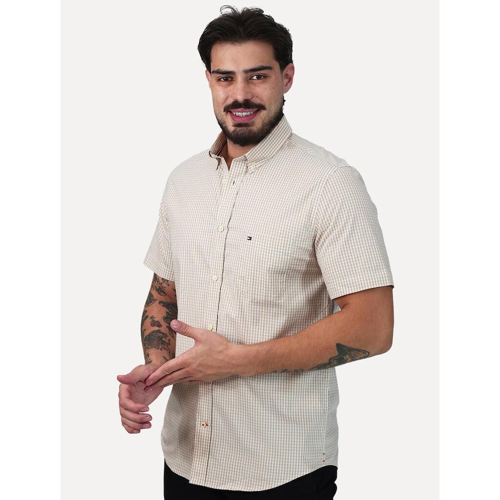 Camisa Tommy Hilfiger Masculina Manga Curta Pocket Gingham Cáqui