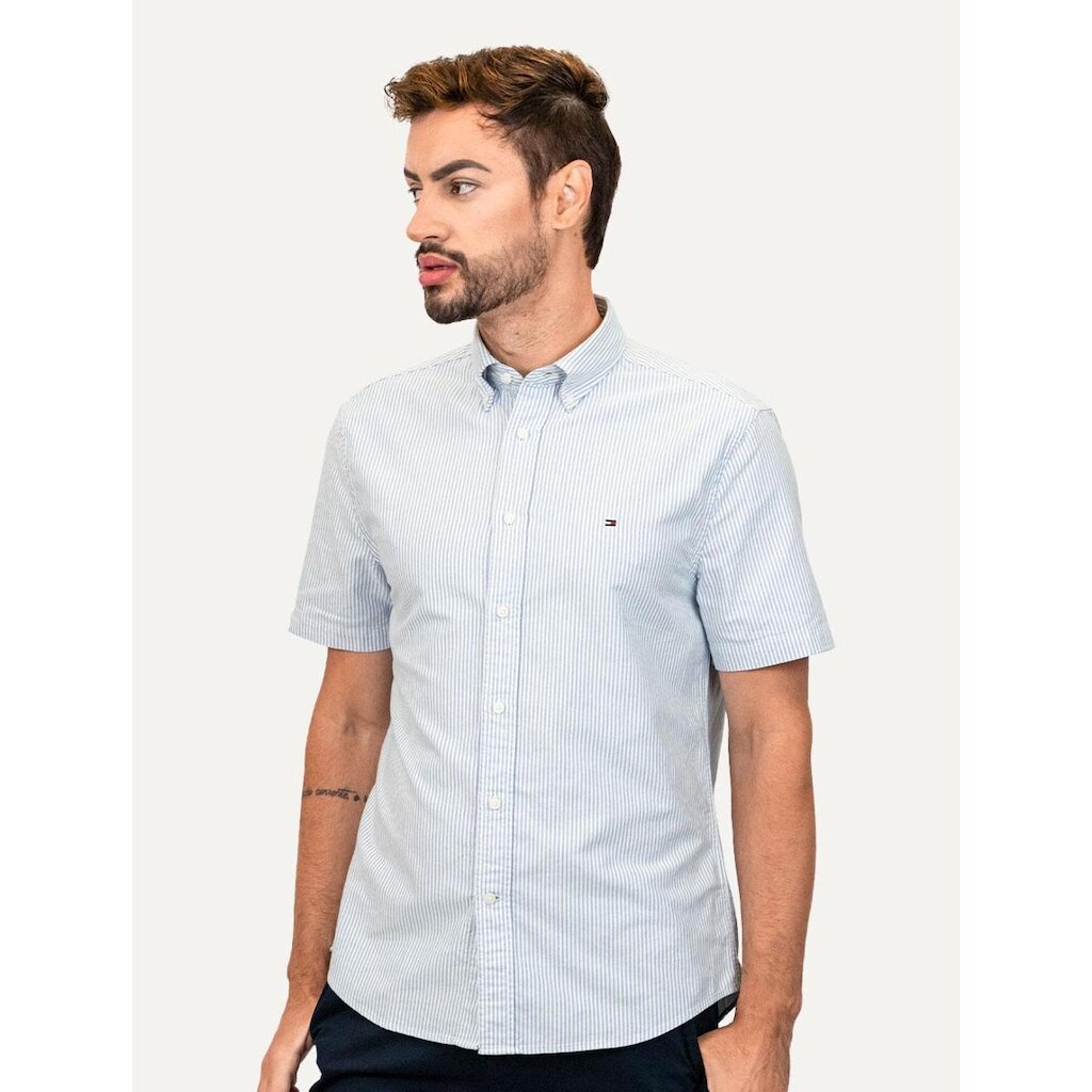 Camisa Tommy Hilfiger Masculina Manga Curta Regular Oxford Stripes Azul Mescla