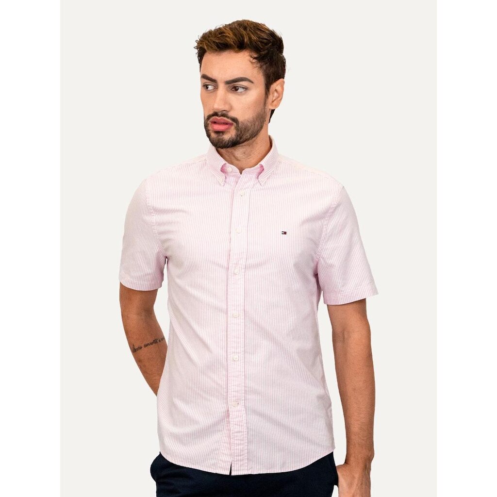 Camisa Tommy Hilfiger Masculina Manga Curta Regular Oxford Stripes Rosa Mescla