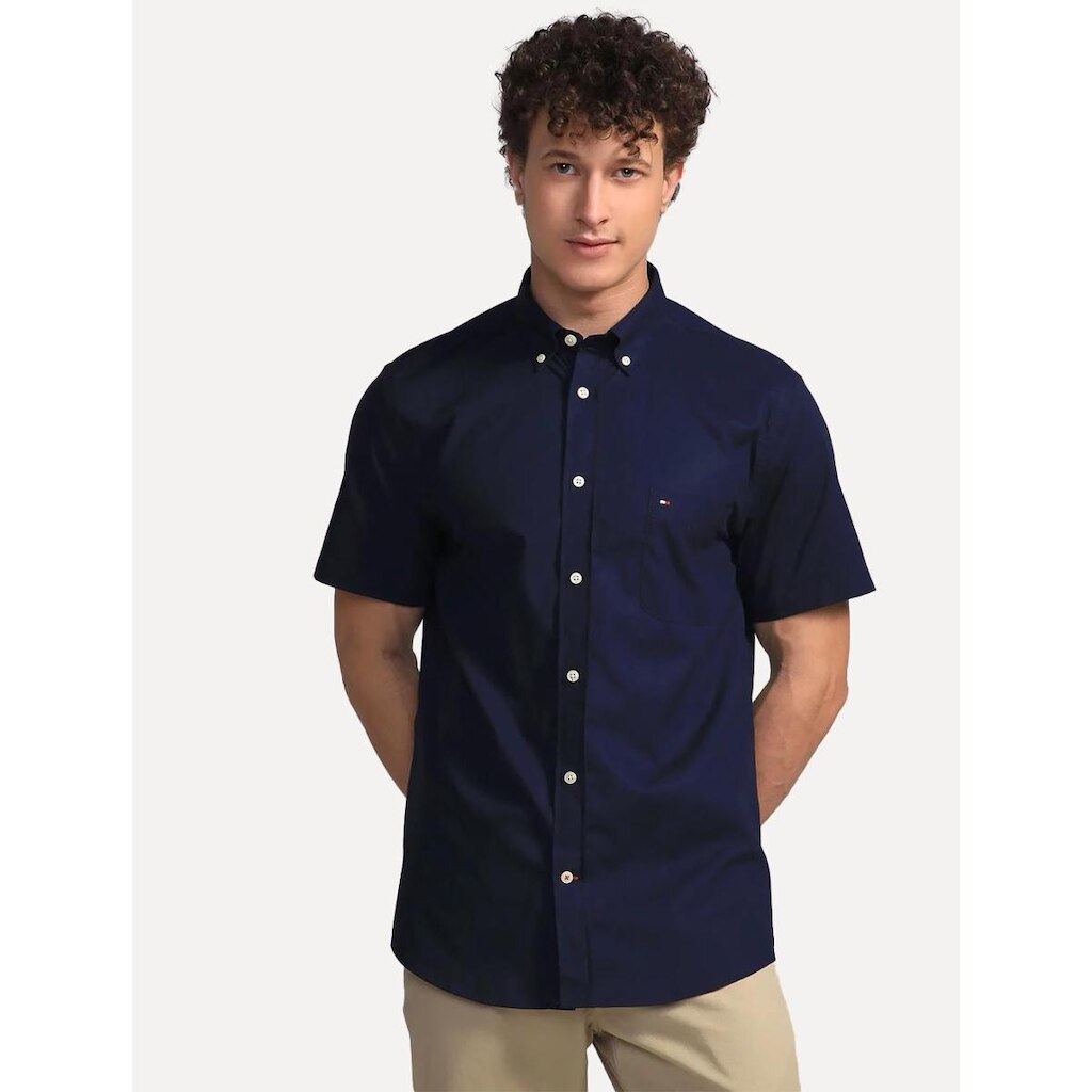 Camisa Tommy Hilfiger Masculina Manga Curta Regular Pocket Poplin Azul Marinho