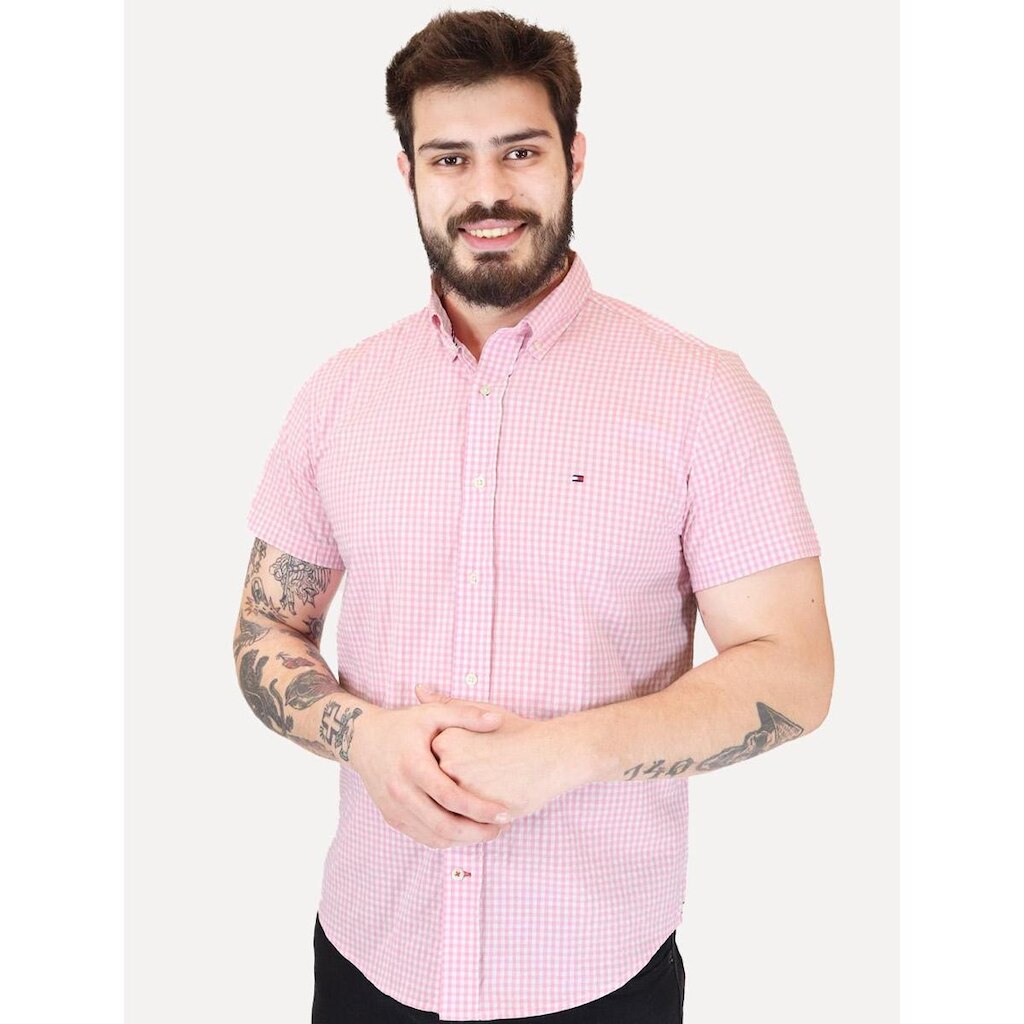 Camisa Tommy Hilfiger Masculina Manga Curta Xadrez Gingham Branca/Rosa