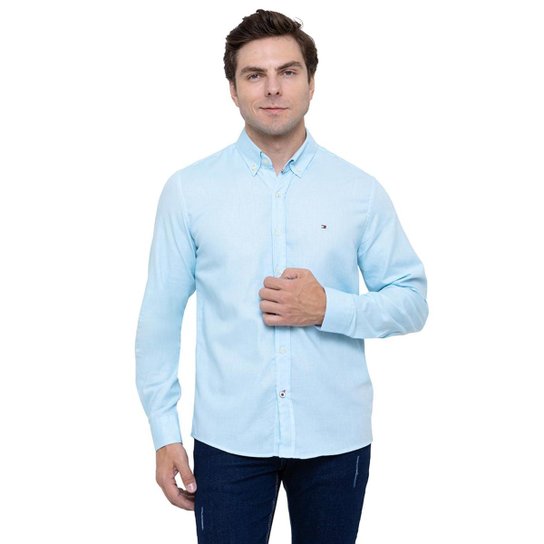 Camisa Tommy Hilfiger Masculina Regular Fit Oxfordini Azul Claro - Azul Claro Menor preço em Camisa Tommy Hilfiger Masculina Regular Fit Oxfordini Azul Claro - Azul Claro