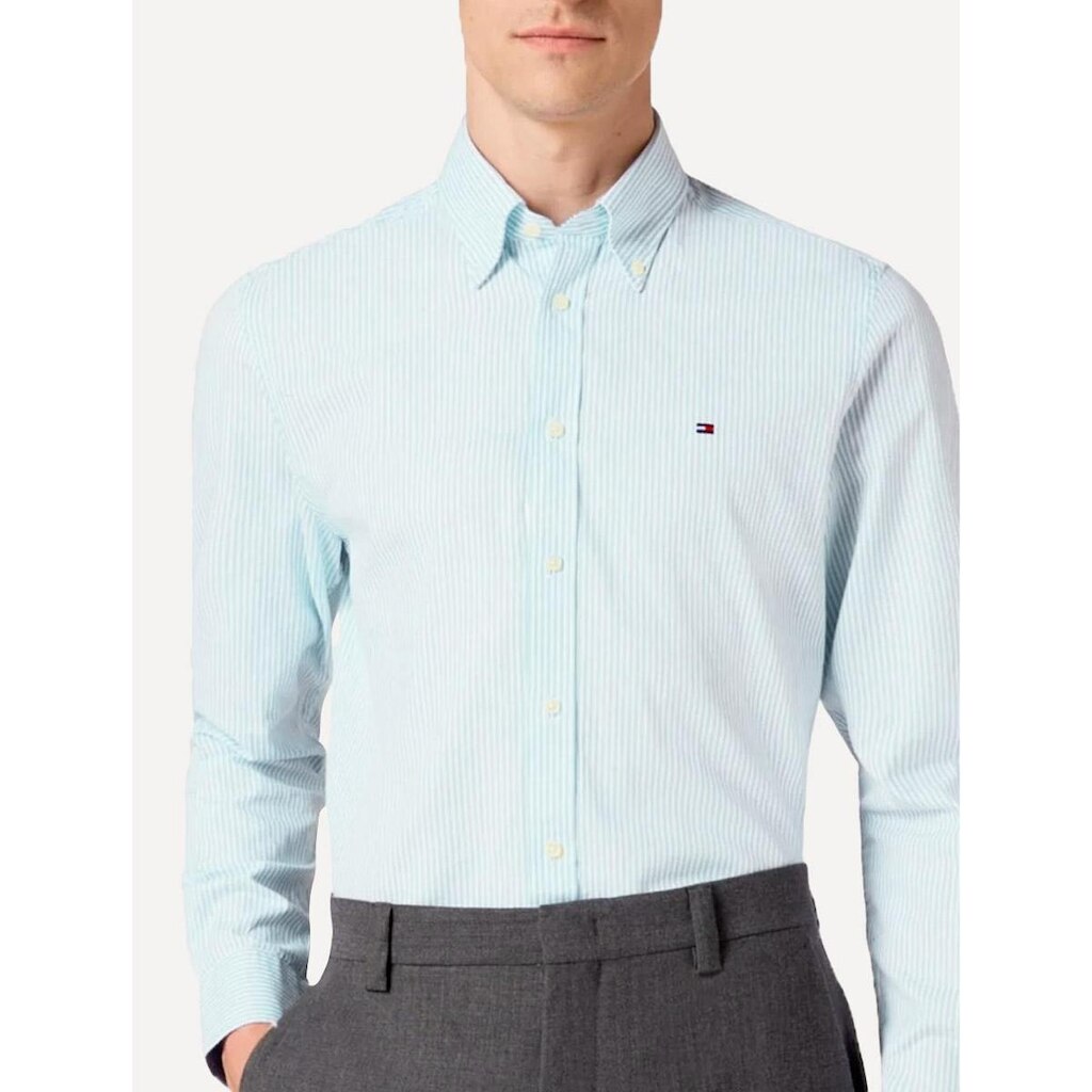 Camisa Tommy Hilfiger Masculina Regular Striped Poplin Azul Claro