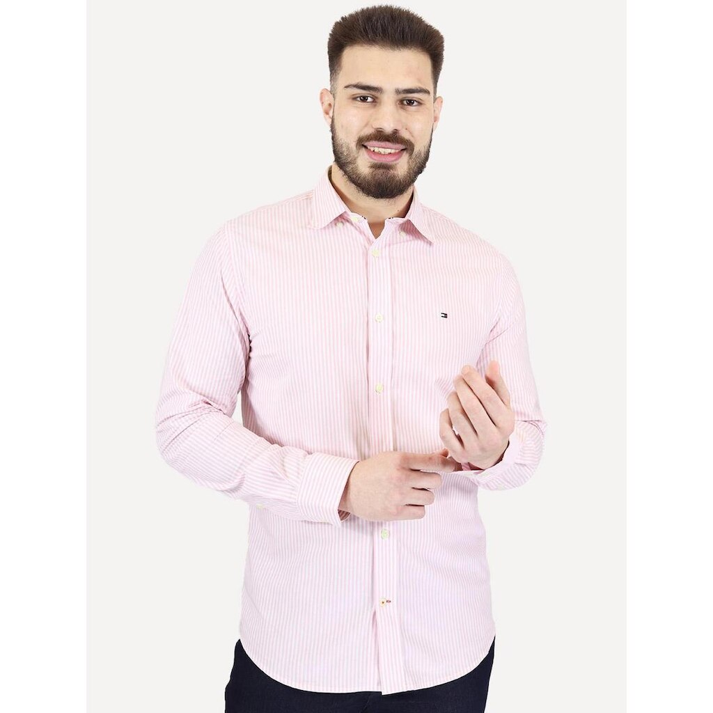 Camisa Tommy Hilfiger Masculina Regular Striped Poplin Rosa Médio