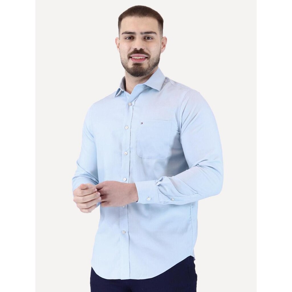 Camisa Tommy Hilfiger Masculina Regular TH Flex Textured Pocket Stretch Azul