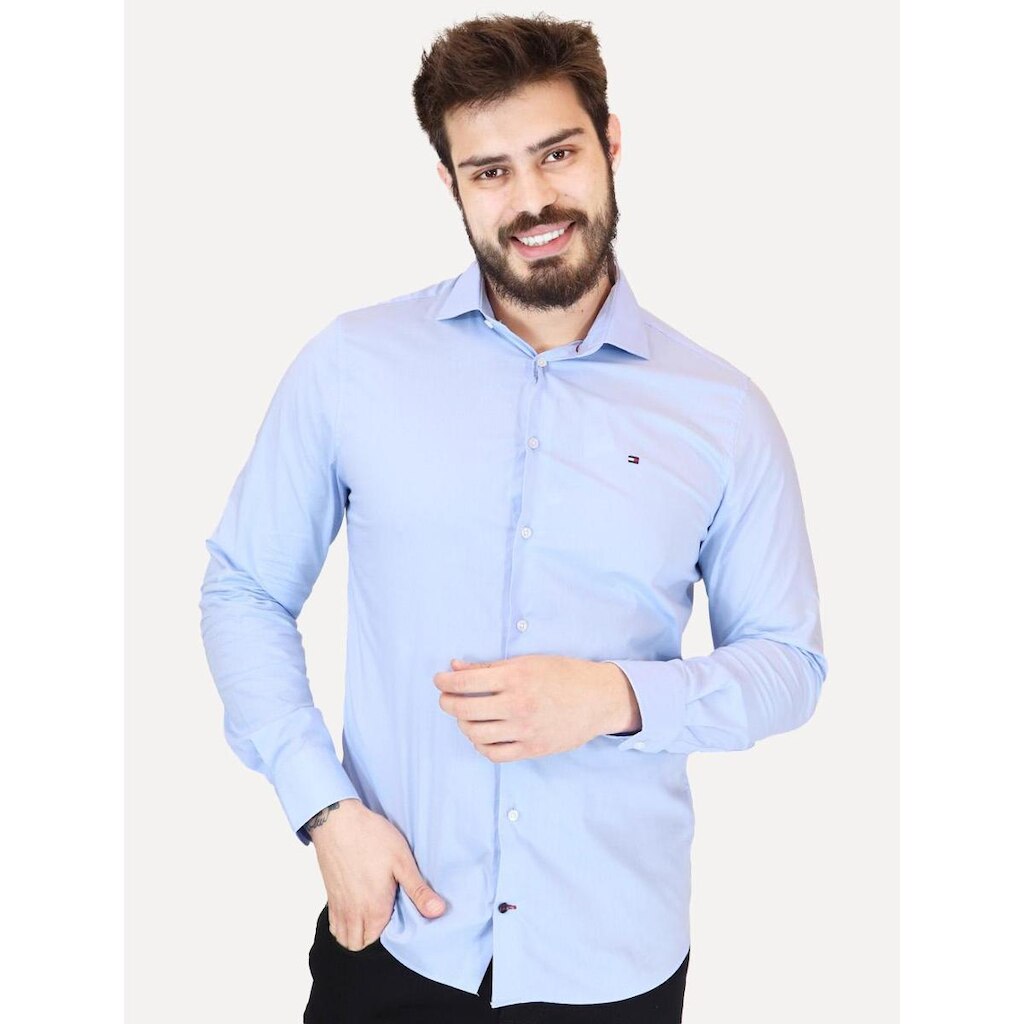 Camisa Tommy Hilfiger Masculina Slim THFlex Poplin Azul Claro