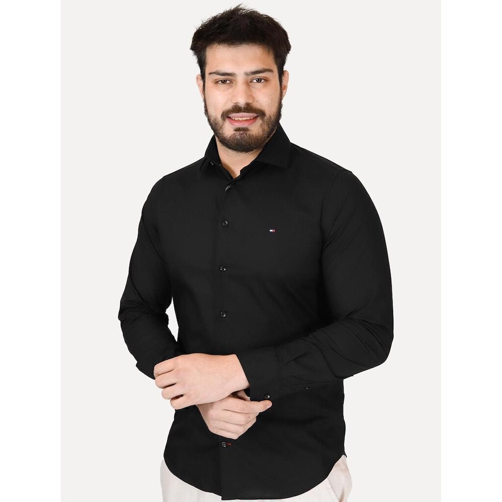 Camisa Tommy Hilfiger Masculina Slim THFlex Poplin Preto