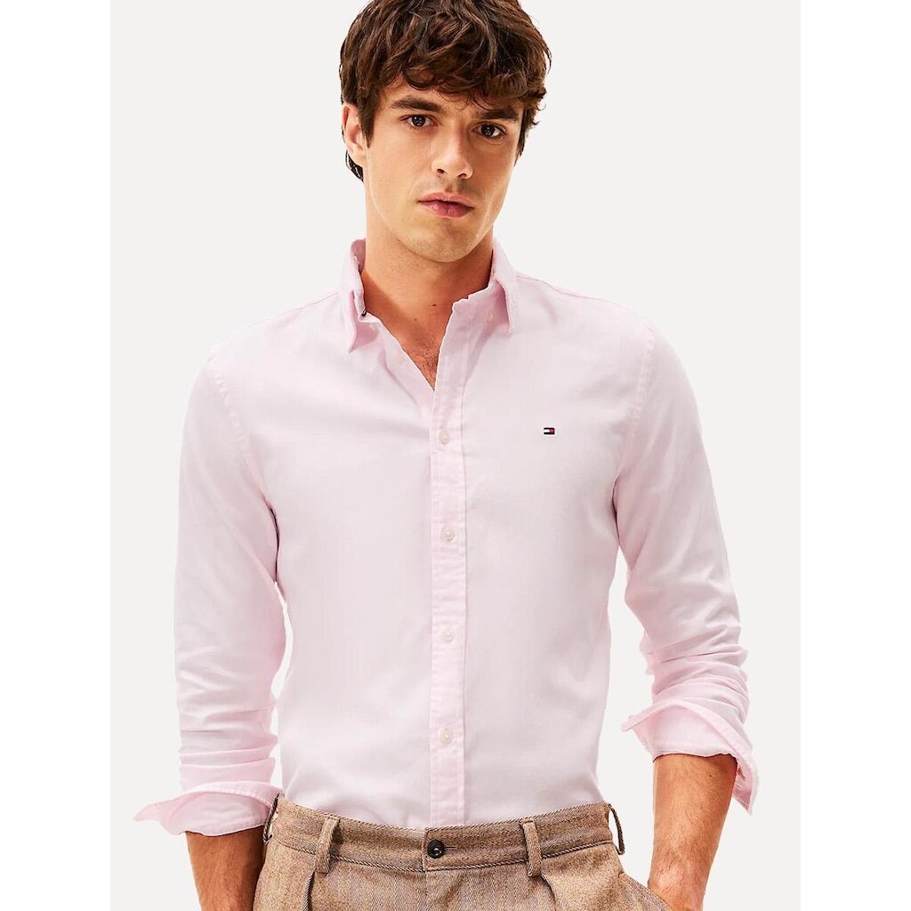 Camisa Tommy Hilfiger Masculina Slim THFlex Poplin Rosa