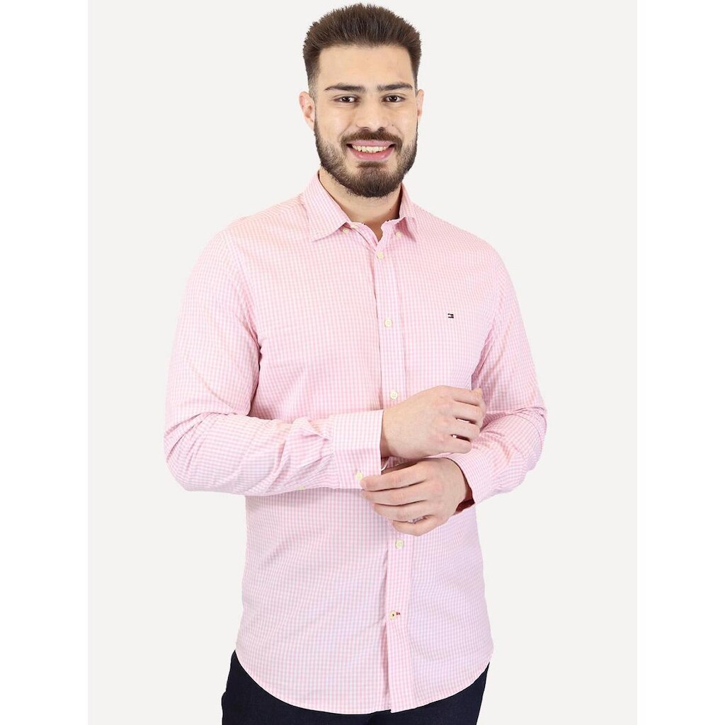 Camisa Tommy Hilfiger Masculina Xadrez Gingham Branca/Rosa Médio