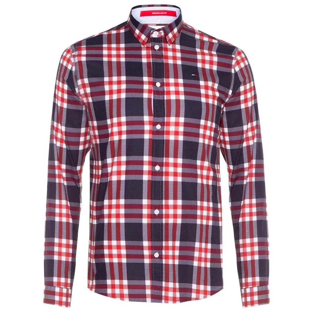 Camisa Tommy Jeans Masculina Regular Essential Poplin Check Vermelho Marinho