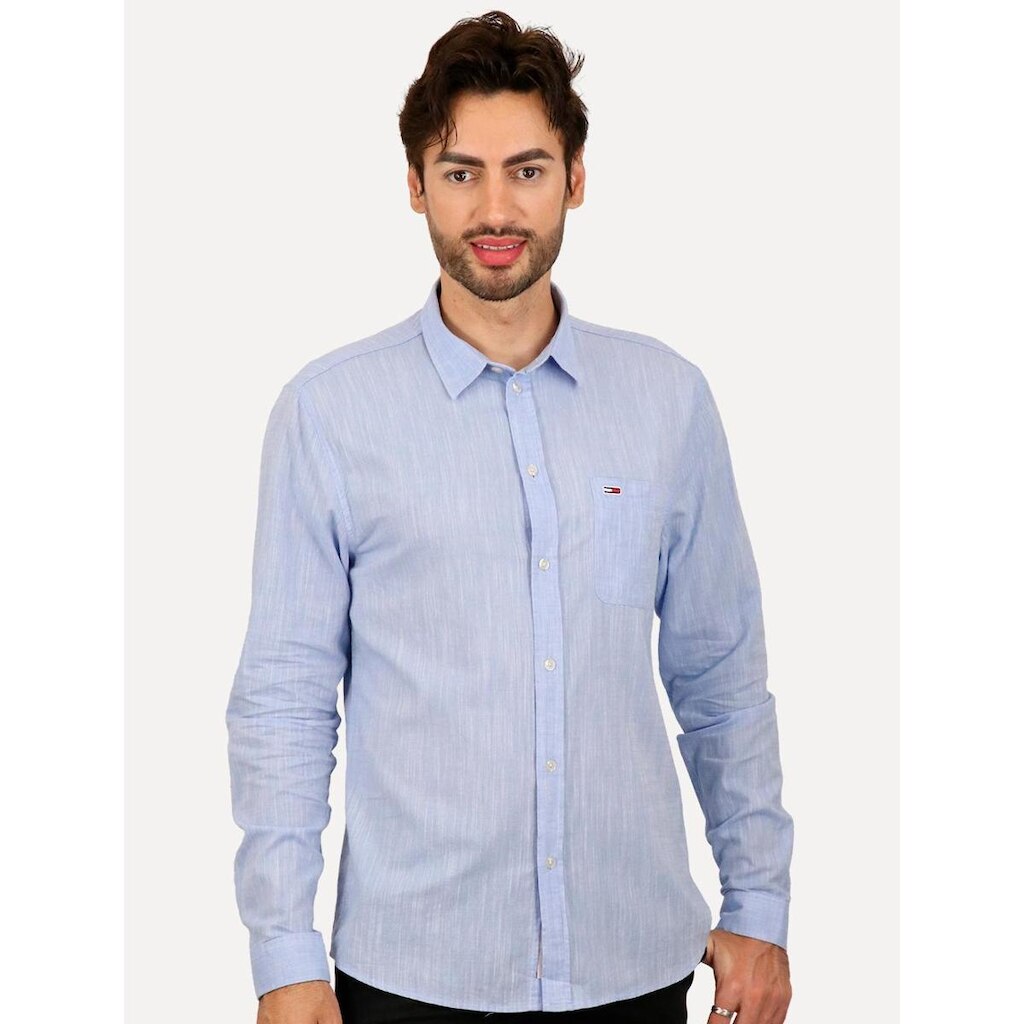 Camisa Tommy Jeans Masculina Regular Linen Blend Pocket Azul Mescla