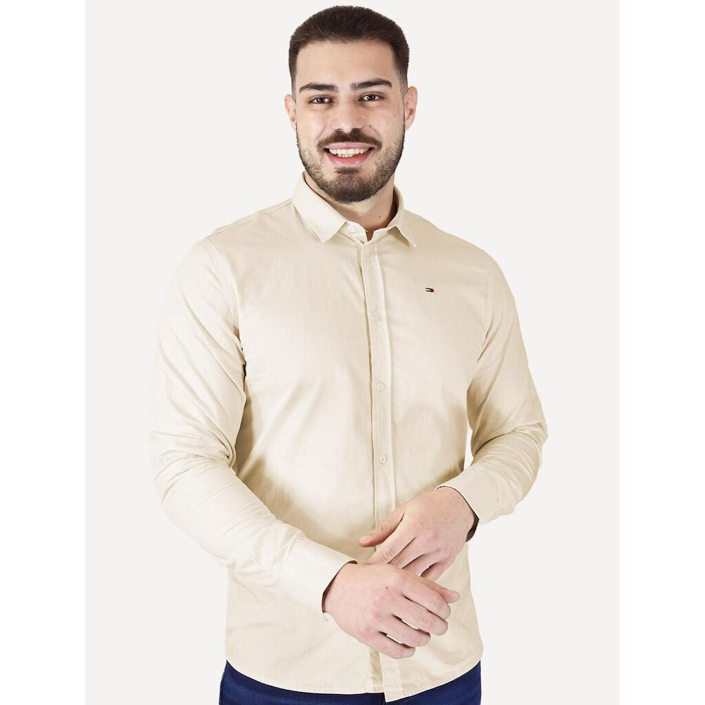 Camisa Tommy Jeans Masculina Slim Original Stretch Areia