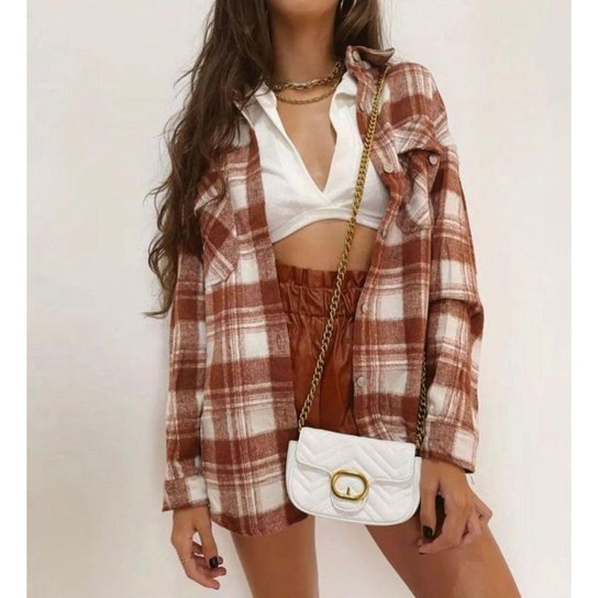 Camisa Xadrez Feminina Flanelada Grossa - Moda Gringa - Moda Blogueira - Marrom Menor preço em Camisa Xadrez Feminina Flanelada Grossa - Moda Gringa - Moda Blogueira - Marrom