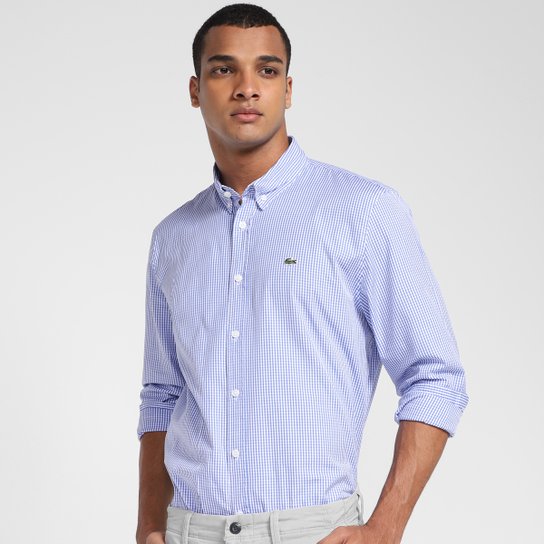 Camisa Xadrez Lacoste Manga Longa Masculina - Branco+Azul Claro Menor preço em Camisa Xadrez Lacoste Manga Longa Masculina - Branco+Azul Claro