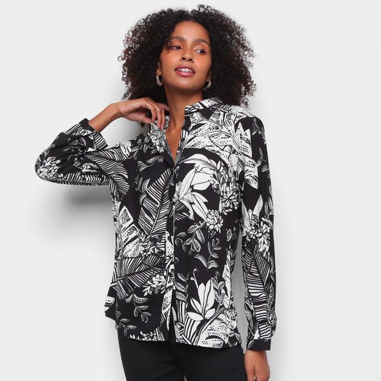 Camisa Yilang Estampada Manga Longa Feminina - Preto+Branco Menor preço em Camisa Yilang Estampada Manga Longa Feminina - Preto+Branco