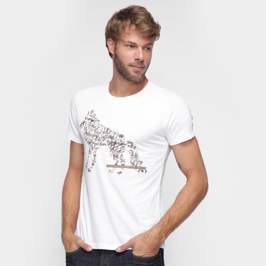 Camiseta Acostamento Estampa Lobo Masculina - Off White Menor preço em Camiseta Acostamento Estampa Lobo Masculina - Off White