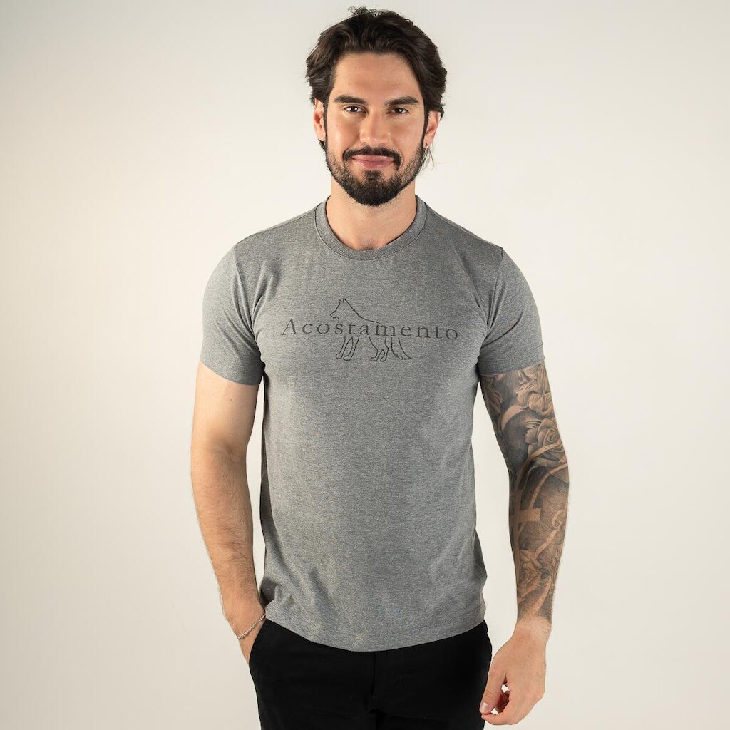 Camiseta Acostamento Wolf Escrita Cinza Mescla