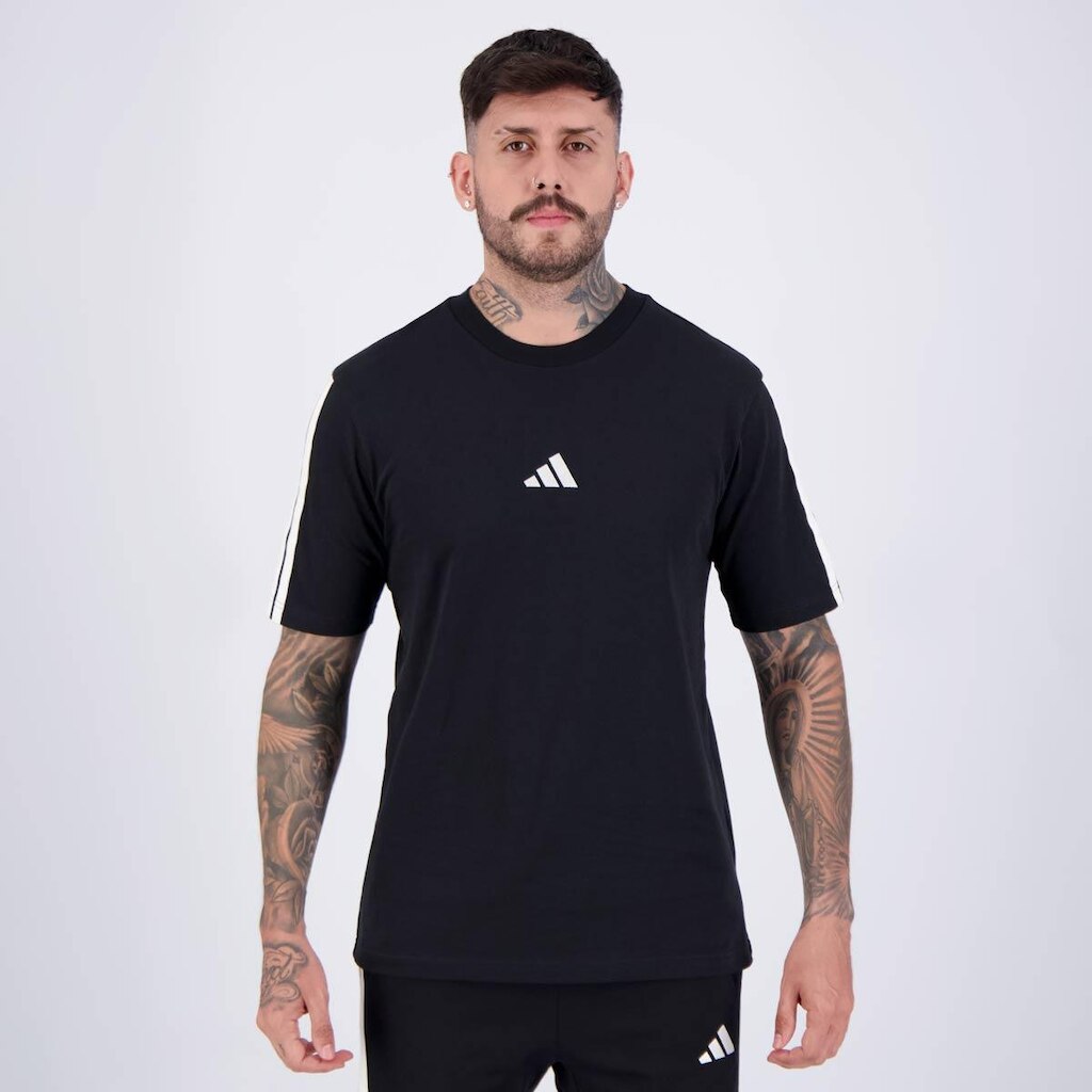 Camiseta Adidas 3 Stripes Logo Preta e Branca