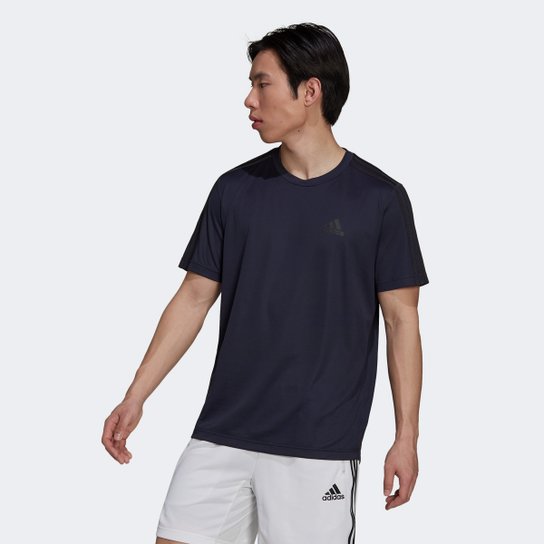 Camiseta Adidas Designed To Move 3-Stripes Masculina - Azul+Preto Menor preço em Camiseta Adidas Designed To Move 3-Stripes Masculina - Azul+Preto