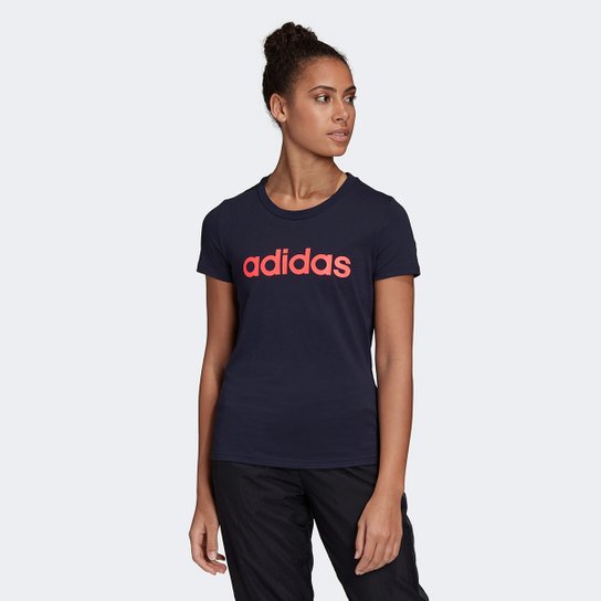 Camiseta Adidas Essentials Linear Feminina - Marinho+Rosa Menor preço em Camiseta Adidas Essentials Linear Feminina - Marinho+Rosa