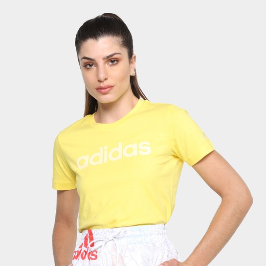 Camiseta Adidas Essentials Linear Feminina - Amarelo+Branco Menor preço em Camiseta Adidas Essentials Linear Feminina - Amarelo+Branco