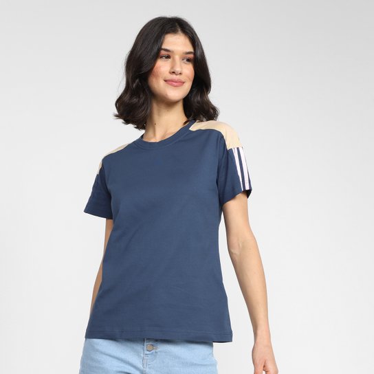 Camiseta Adidas Linear Color Block Feminina - Azul+Rosa Menor preço em Camiseta Adidas Linear Color Block Feminina - Azul+Rosa