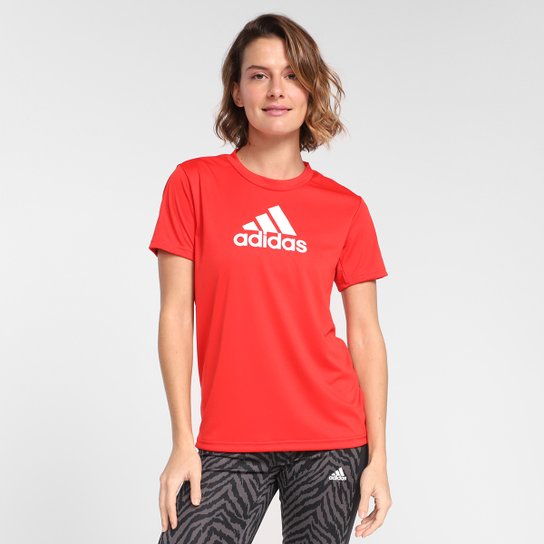 Camiseta Adidas Logo Designed To Move Feminina - Vermelho+Branco Menor preço em Camiseta Adidas Logo Designed To Move Feminina - Vermelho+Branco