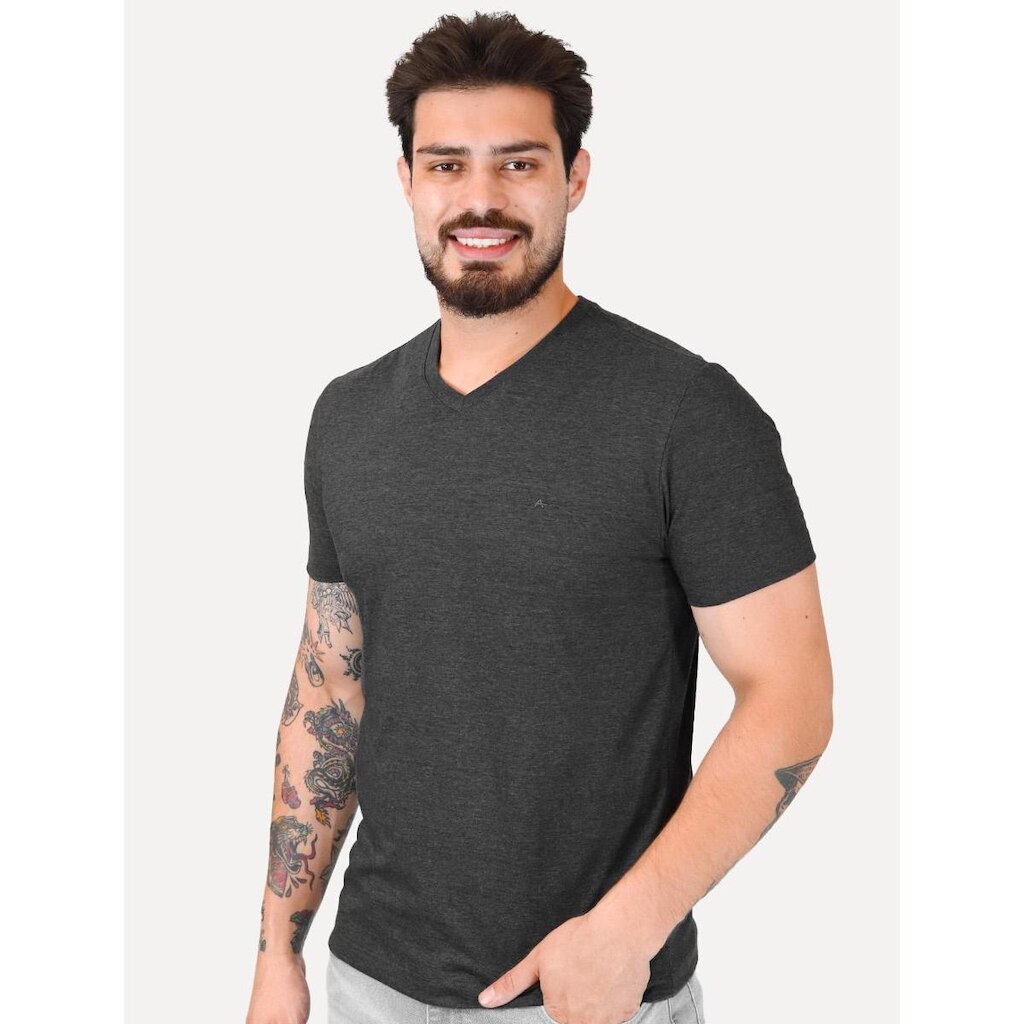 Camiseta Aramis Masculina Basic V-Neck Mono Logo Grafite Mescla