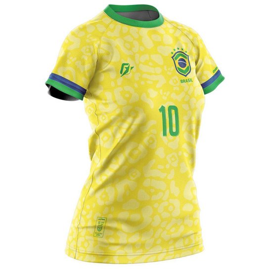 Camiseta Baby Look Filtro UV Brasil Canarinho Amarelo Copa Torcedor Onça - Amarelo Menor preço em Camiseta Baby Look Filtro UV Brasil Canarinho Amarelo Copa Torcedor Onça - Amarelo