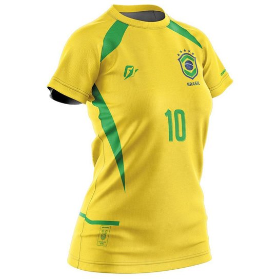 Camiseta Baby Look Filtro UV Brasil Canarinho Amarelo Torcedor Retrô Penta - Amarelo Menor preço em Camiseta Baby Look Filtro UV Brasil Canarinho Amarelo Torcedor Retrô Penta - Amarelo