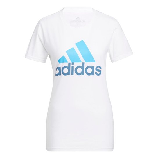 Camiseta Basic Badge of Sport Adidas - Branco+Azul Piscina Menor preço em Camiseta Basic Badge of Sport Adidas - Branco+Azul Piscina